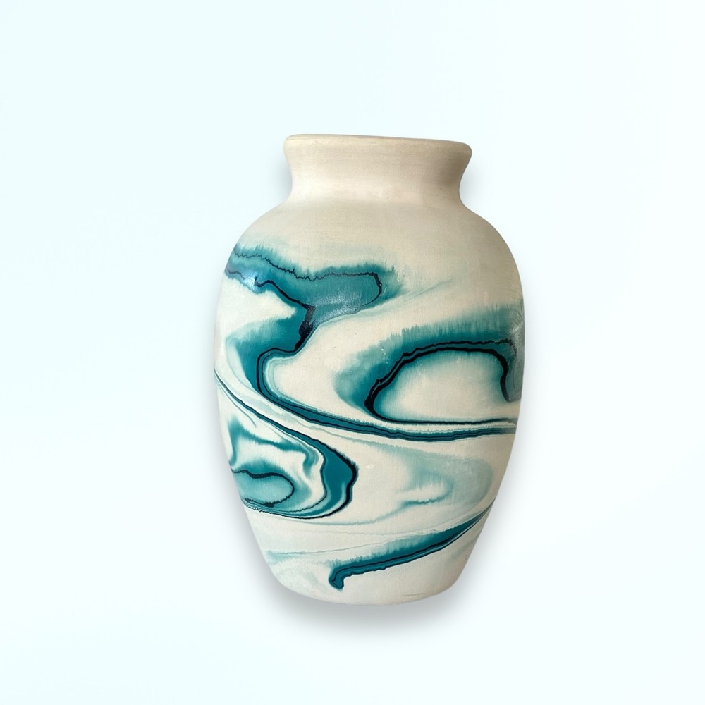 Vintage Nemadji Pottery Vase Turquoise Swirl 7”